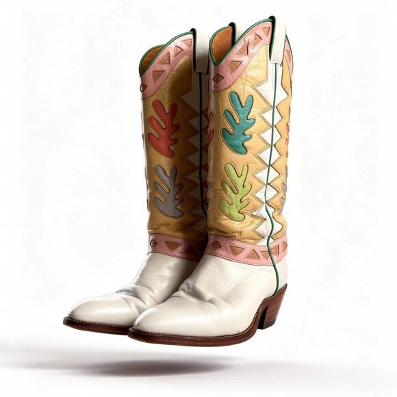 White and pink leather cowboy boots with a boho touch #westernvibes - Picture 1 of 8